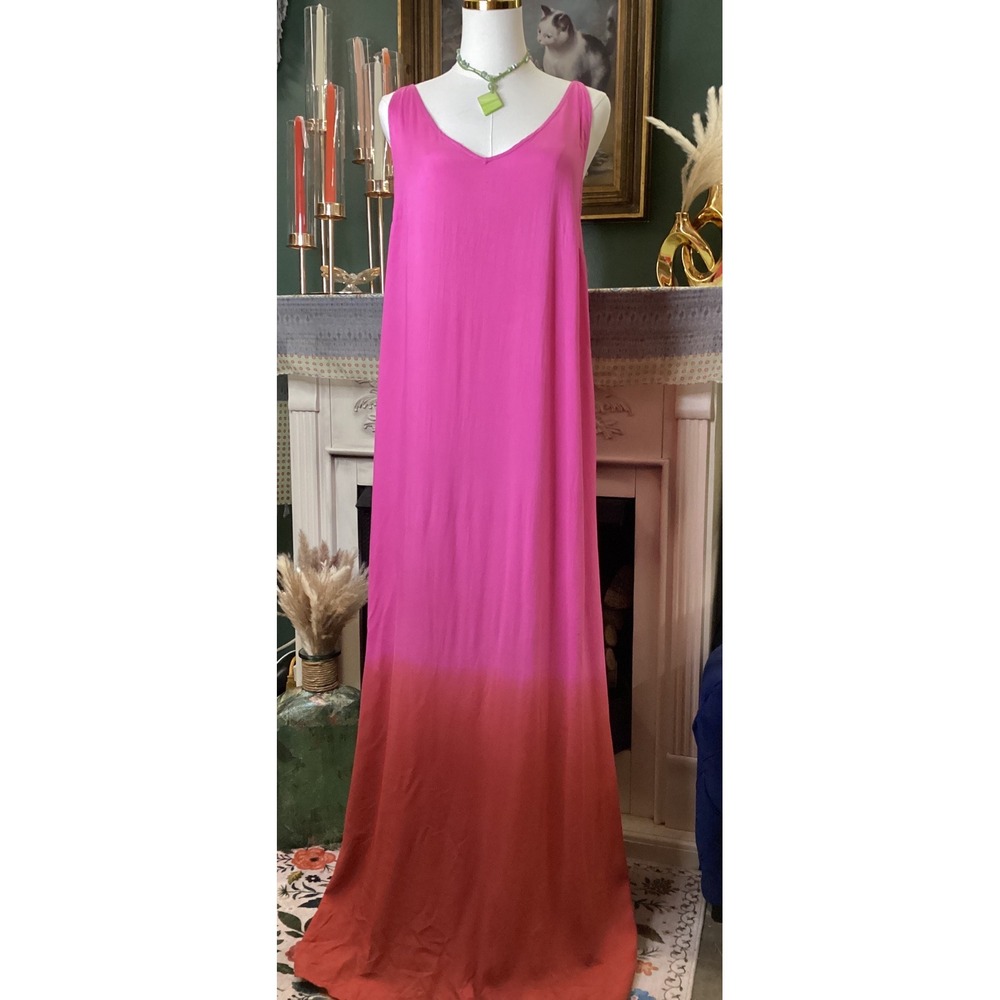 Billabong Sincerely Jules Pink Orange Ombre Maxi Dress Large V-Neck Summer Boho